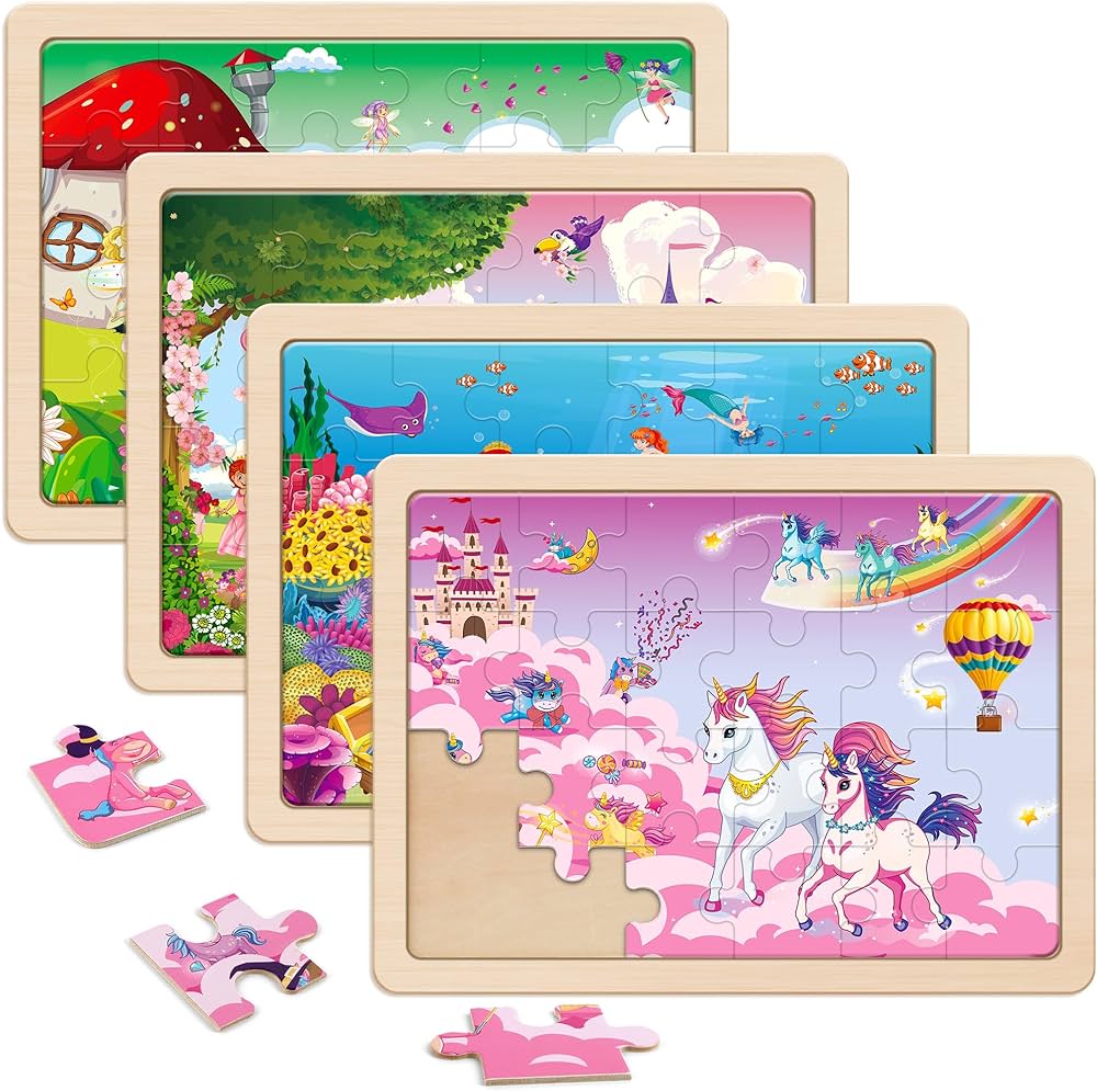 SYNARRY Large Unicorn Mermaid Princess Fairy Wooden Kids Puzzles 4 in 1 Gift Box(12.2*9.4 in) - FSC Certified, Puzzles for Toddlers 2-4, Puzzles for Kids Ages 4-6, Toys Gifts for 3 4 5 Year Old Girls