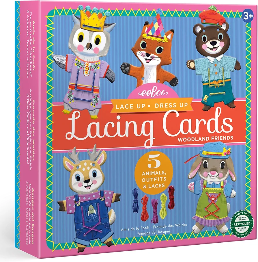 eeBoo: Dress Up Lacing Cards: Woodland Friends - Set of 5 Characters Outfits & Laces, Create Combinations, Preschool Arts & Crafts, Kids Ages 3+