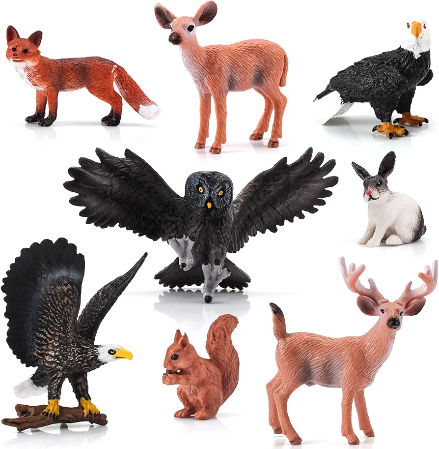 Wild Life Woodland Jungle Animal Figure Playsets 8 PCS Bald Eagle White - tailed Deer Squirrel Red Fox Rabbit Owl Action Figure Toys for Boys Girls Kids