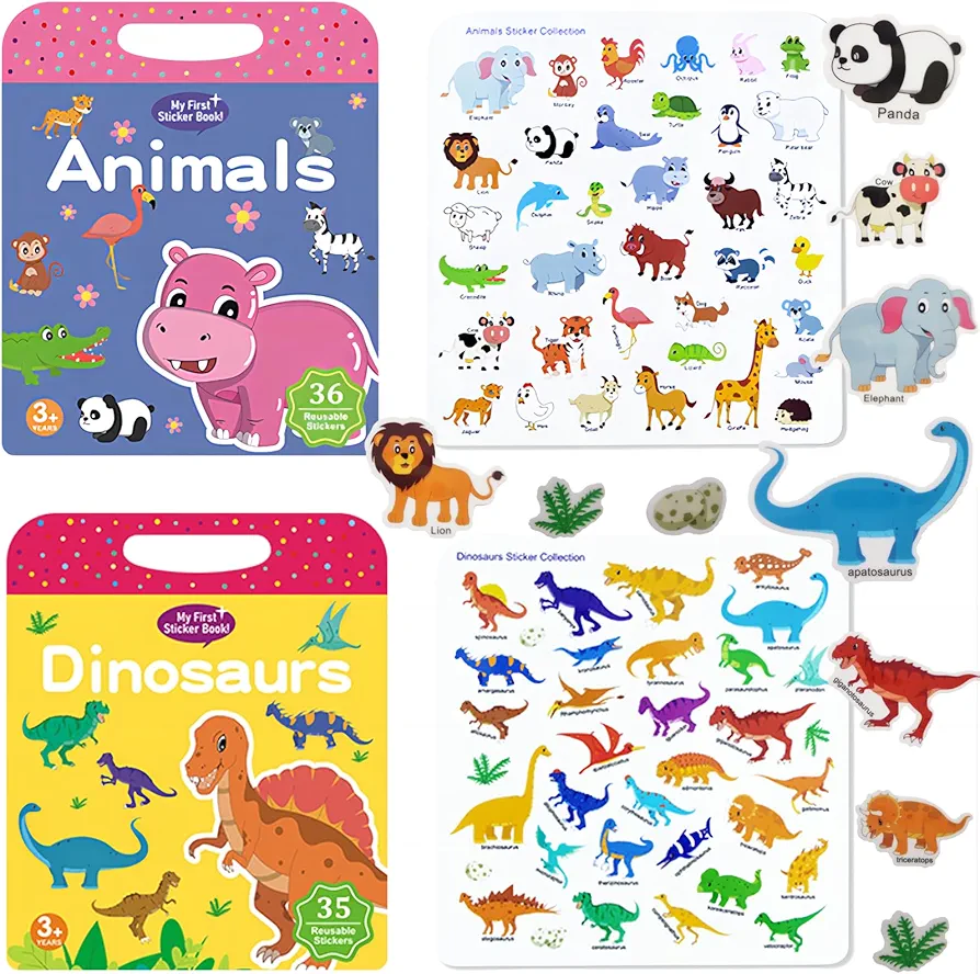 Reusable Sticker Book for Kids, Animal Stickers Dinosaur Stickers, Busy Book for Toddlers 1-3, Toddler Travel Toys, Jelly Quiet Book 6 Themes Preschool Learning Activities for Toddlers Ages 3-6