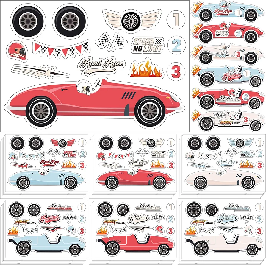 Janlaugh 36 Sheets Race Car Stickers Kids Racing Stickers Vintage Race Car Party Favors Car Activities Make Your Own Wheel for Race Car Themed Birthday Party Toy Gifts Reward Decorations