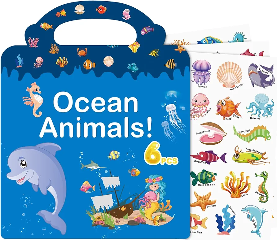 214 PCS Ocean Animals Reusable Sticker Books for Kids, 6 Sheets Reusable Stickers for Toddlers, Cute Waterproof Toddler Stickers Age 3+, Window Clings Travel Learning Toys Educational Sticker