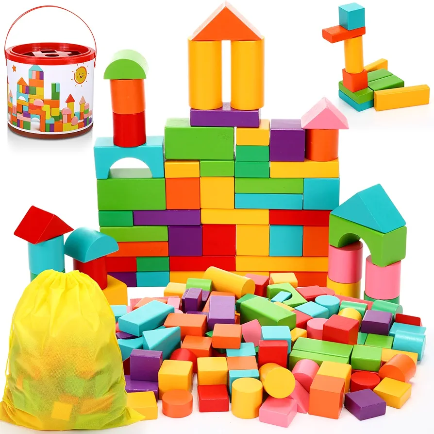 100 Pcs Wood Building Blocks for Toddlers 2-4 Years with Storage Container Wooden Building Blocks Wooden Building Set Wooden Building Set Preschool Block Learning Toys