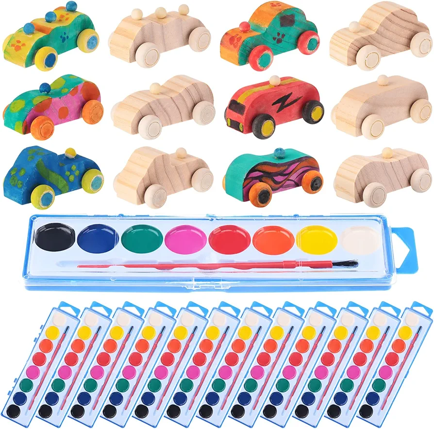 Leitee 12 Sets Unfinished Paintable Wooden Cars DIY Toys with Watercolor Paint Wooden Toy Cars Wood Crafts for Woodworking School Family Arts Home Crafts Party Favors and Activities