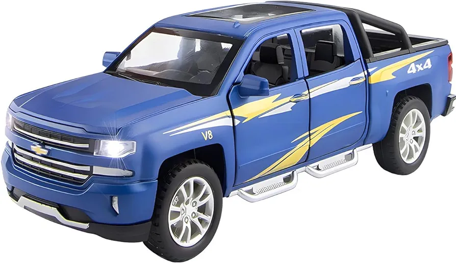 Pickup Toy Trucks Chevy Silverado LTZ 1500 Diecast Metal Truck Model Car Toys for Boys Age 4-8 with Light&Sound Pull Back Truck Toys for Kids Ages 3-5 Blue Big Gifts