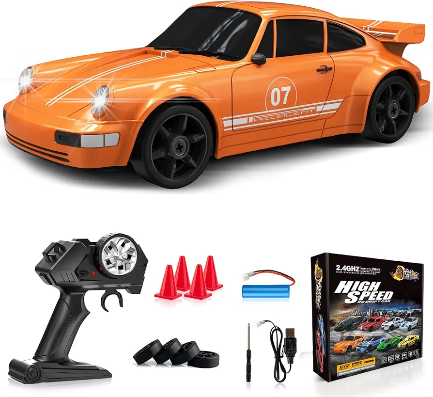 RC Drift Car 1:24 Remote Control Car 4WD 15KM/H High Speed Racing Sport Car with LED Lights RC Cars Toy Cars for Kids Boys Girls Adults Gifts Birthday Christmas Rechargeable Batteries