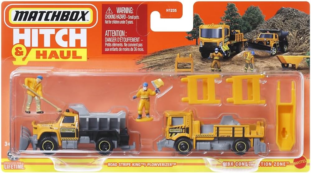 Matchbox Collectible Die-Cast Metal Vehicle Hitch & Haul Set - HVP28 ~ MBX Construction Zone ~ Road Stripe King and Plowverizer Dumptruck ~ Includes 2 Figures and Accessories