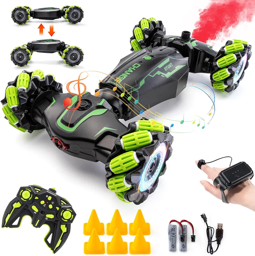 Remote Control Car for Boys, 2.4Ghz 4WD Gesture Sensing RC Stunt Car with Cool Music Light, 360° Rotating Flips Off-Road Vehicle Twist Car Toys for Kids Age 6-12(Green