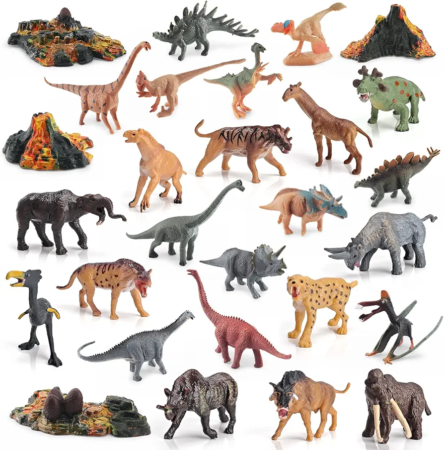 28PCS Dinosaur Volcano Playset: Mini Dinosaurs, Caveman Toys, Realistic Figures, Cake Topper, Educational for Toddlers