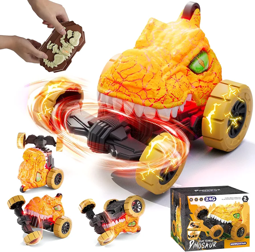 Remote Control Car, Dinosaur Toys RC Stunt Car Invincible 360°Rolling Twister with Colorful Lights & Music Switch, Tyrannosaurus Rex Remote Control Car for 3 4 5 6 7 8 Year Old Kids Boys