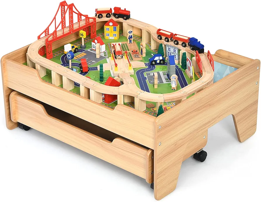 Costzon Train Table with 100 Multicolor Pieces, Wooden Kids Activity Table with Large Rolling Storage Drawer, Tracks, Cars, DIY Design, Train Set Table for Toddlers 3+, Gift for Boys Girls