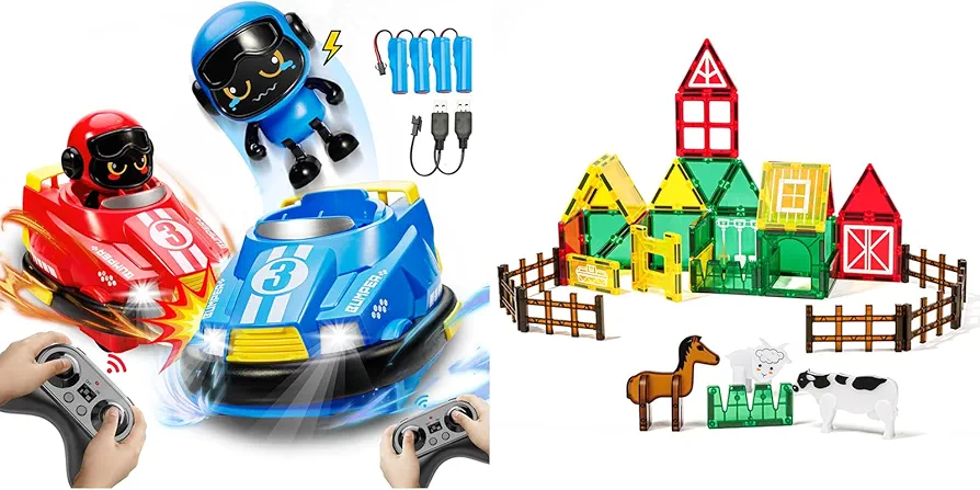 Remote Control Bumper Cars & Farm Animals Magnetic Tiles for Toddlers & Kids