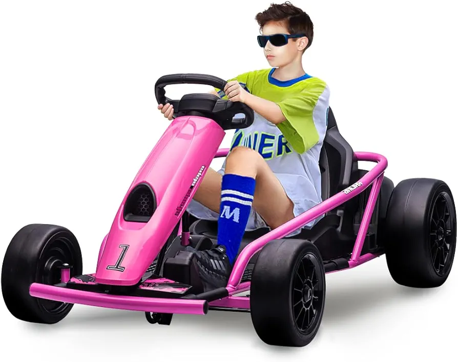 24V Kids Ride On Go Kart, 300W*2 Extra Powerful Motors, 9Ah Large Battery 8MPH High Speed Electric Vehicle Car Drifting with Music, Horn,Max Load 155lbs Outdoor Ride On Toy for 8-12 Years Teens, Rose