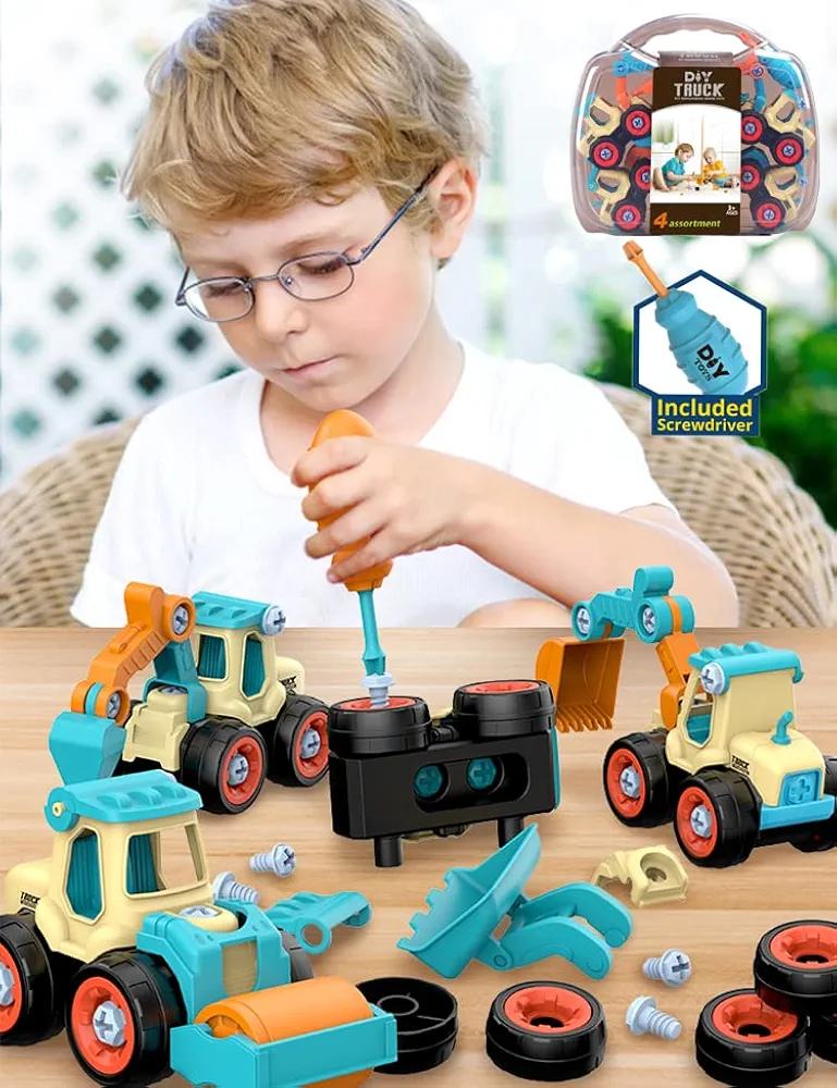 4 Pack Take Apart Construction Trucks Cars Toys for Boys 3+ Year Old,STEM Montessori Trucks Toys with Drill,Construction Trucks Engineering Trucks Toys Playset for 3 4 5 6 7 8 Year Old Boys