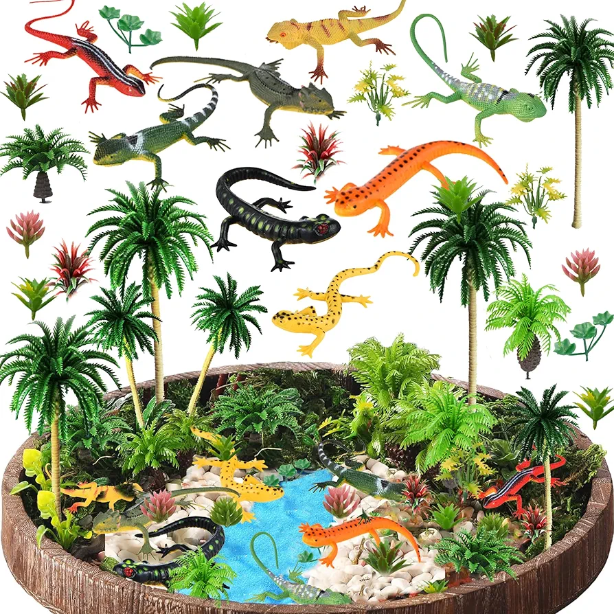 Lizard Toys Amphibious Animals Figurines Toys Tropical Rainforest Jungle Model Trees Grass for Lizard Theme Party Crafts Building Model Railway Scenery Landscape Supplies (Style 01)