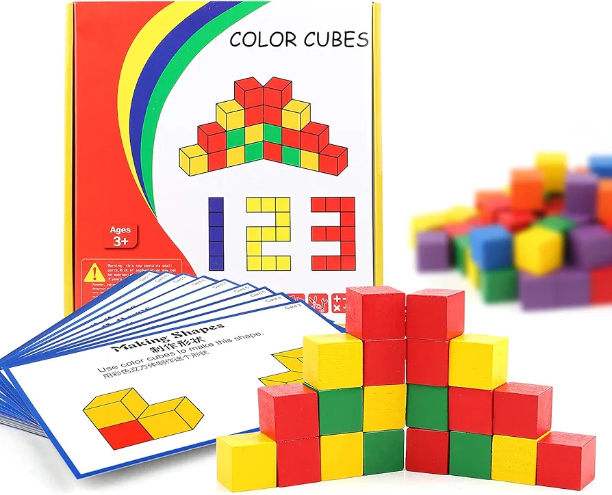 Wooden Cube Building Blocks for Kids with Challenge Cards Shape Puzzle Math Material Assorted Colors for Preschool Classroom Supplies for Teachers Elementary Stem Toy