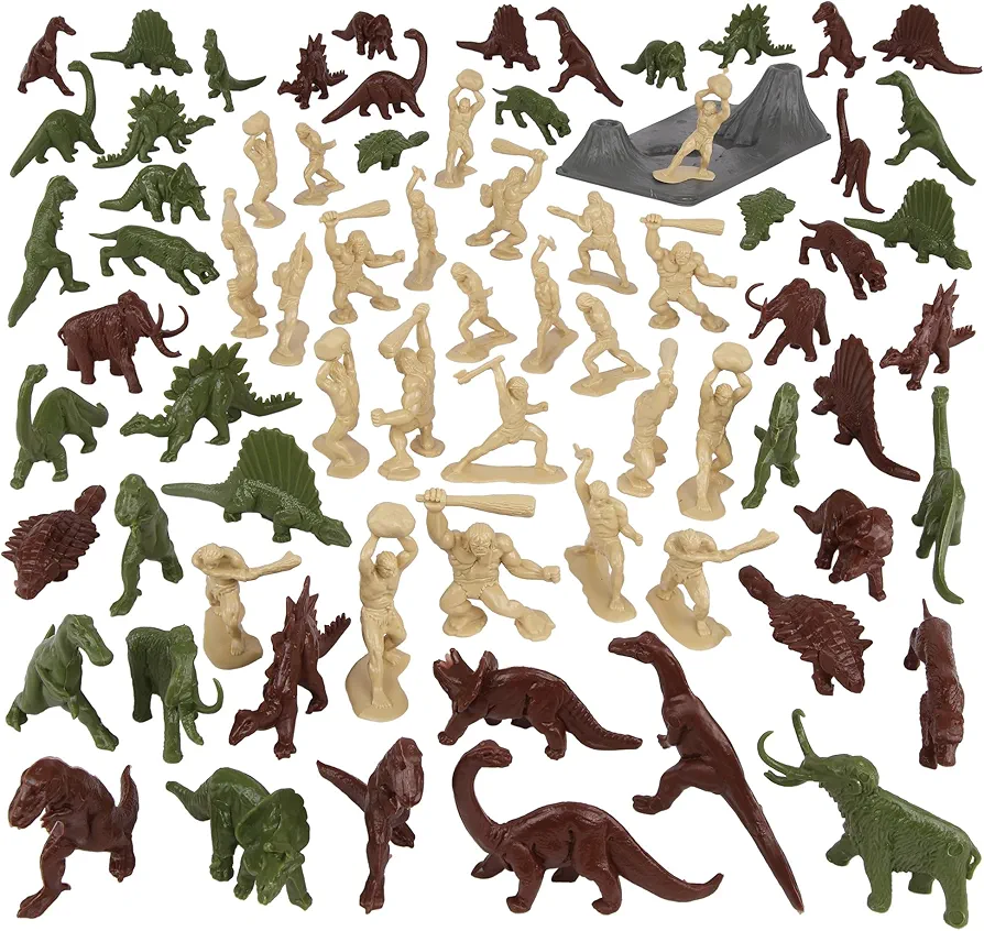 TimMee Prehistoric Plastic DINOSAUR & CAVEMAN Figures - Tan, Rust, & OD Green 73pc