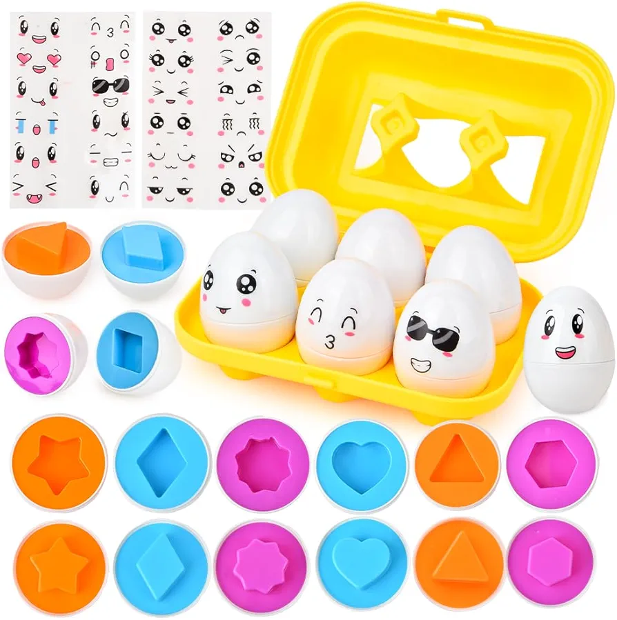 Color Shape Matching Egg Set Educational Color, Shapes and Sorting Recognition Skills - Puzzle for Kid Baby Boy Girl, Easter Basket Gift (6 Eggs)