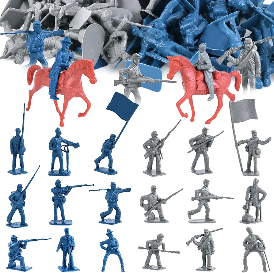 LovesTown 82PCS Civil War Solider Toys, 40 Blue and 40 Gray Uniform Action Figures Plastic Toy Soldier with Rideable Horses for Kids Birthday History Class