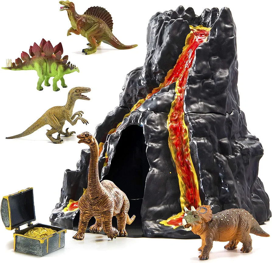 PREXTEX Lava Painted Volcano House with Hidden Door and 5 Dinosaur Figures with Treasure Box, Dinosaur Toys for Kids