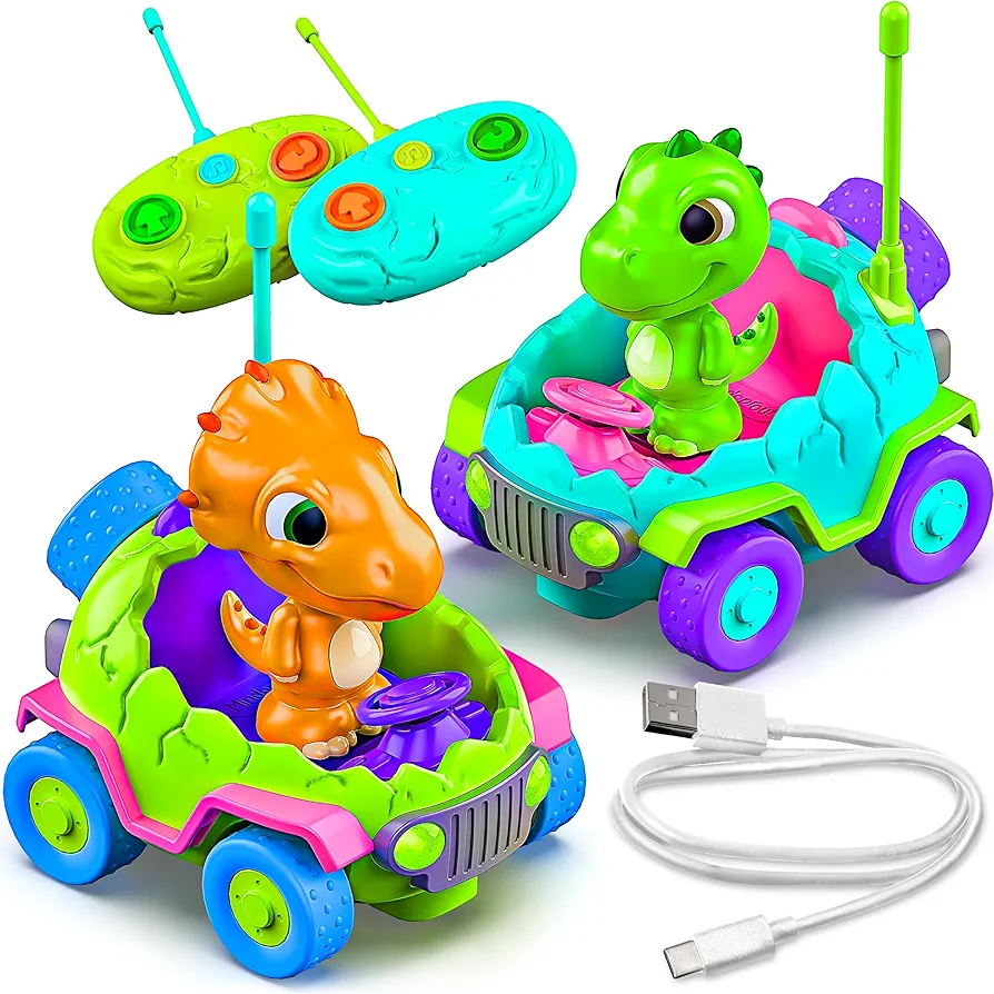 MindSprout Dino Chasers Set of 2 Rechargable Remote Control Car for Toddler, Kids Toys Age 2 3 4 5, Boys & Girls Birthday Gift, Dinosaur Toy 2-4, LED Lights & Music, Batteries Included