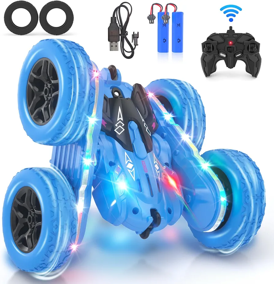 RC Cars for Boys Age 4-7 8-12, Remote Control Car Toys for Boys Age 5-7, 2.4GHz Stunt RC Cars with Strip Light, 4WD 360° Rotating Off Road, 4 5 6 7 8 9 Year Old Boys Toys Xmas Birthday Gift