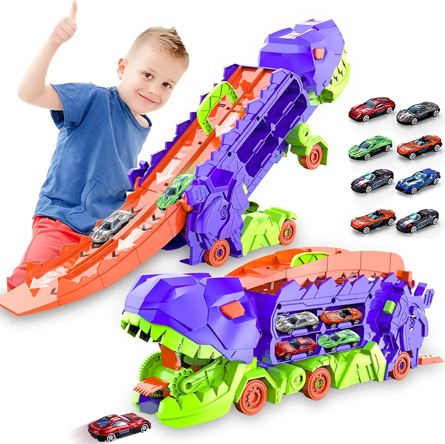 City Dinosaur Ultimate Hauler Track Toy, Transforms into Stomping Dinosaur with Race Track Ultimate Transporter Hauler Toddler Toys Gifts for Kids Ages 3 4 5 6 7 8 Years Old(4 Cars)