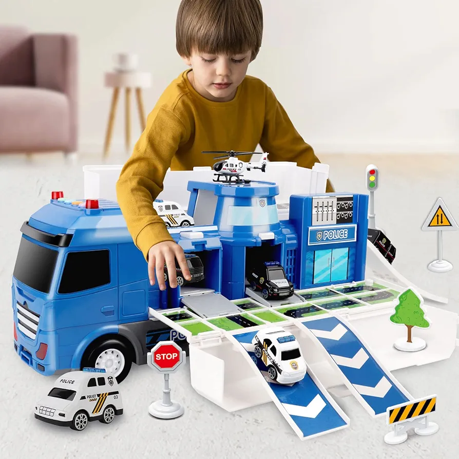 Dwi Dowellin Police car Toys Whit Play Mat | Push and Go Truck with Sound and Lights | Die-cast Police Play Vehicle Set for Kids Toddlers Boys Child Gift Age 3 4 5 6 7 Years Old