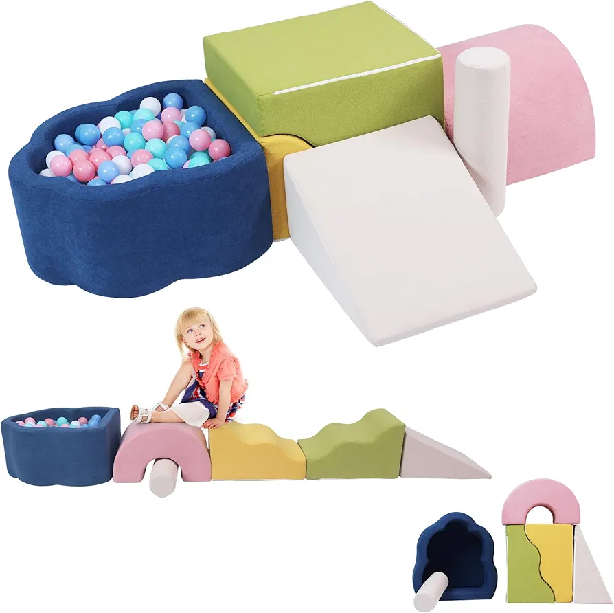 Foam Climbing Blocks with Ball Pit,6 Pcs Baby Climbing Toys Colourful Soft Climb and Crawl Acticity Playset for Toddlers 1-3 Indoor,Crawling & Sliding Gym Equipment for Preschool（Balls not Included）