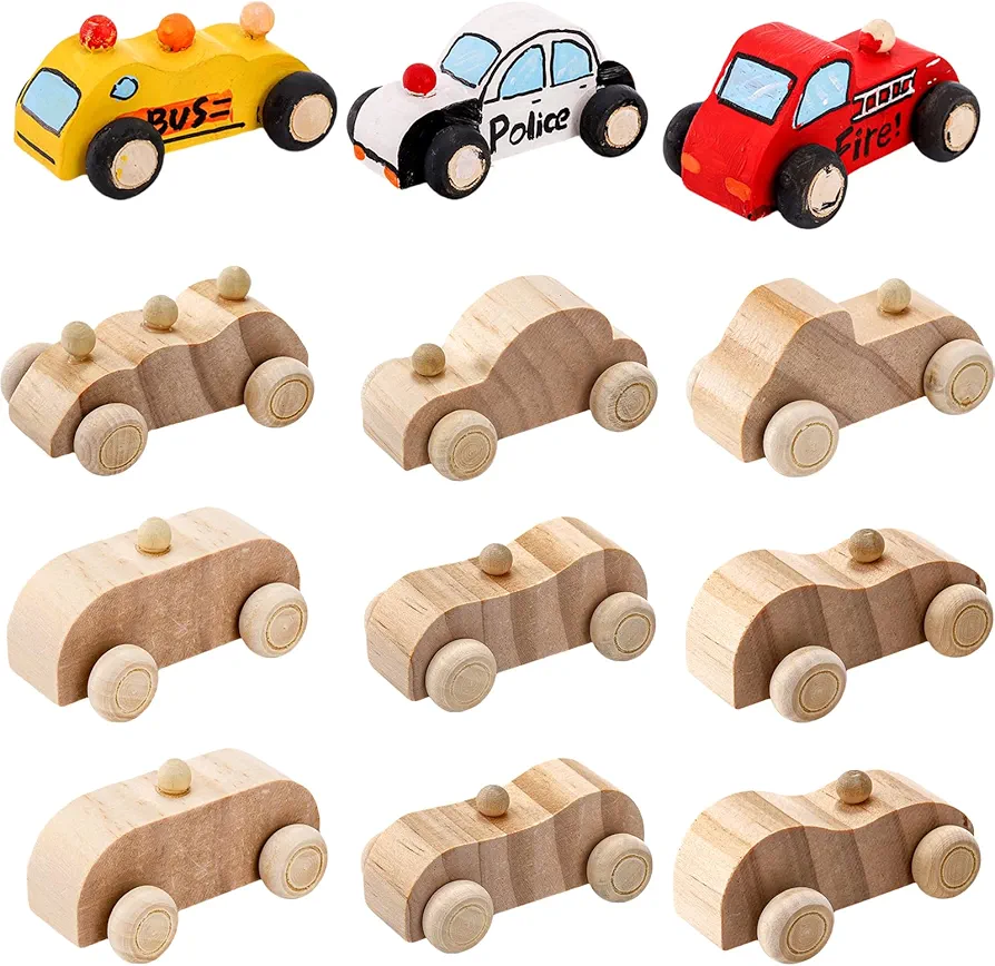 ZENFUN 12 Packs Wooden DIY Cars, Wooden Car Crafts with 2 Brushes and 12 Pcs Color Pigments, Unfinished Wooden Cars to Paint for Students Home Activities, Easy Woodworking