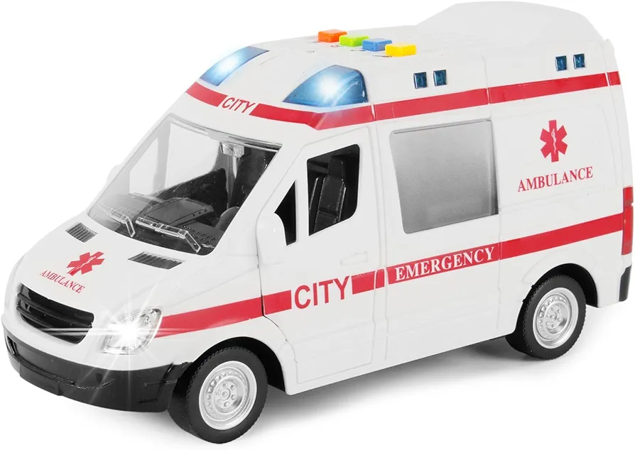 Liberty Imports Ambulance Toy Car with LED Lights & Siren Sound Effects - Friction Powered Wheels Plastic Rescue Vehicle Toy for Kids & Toddlers