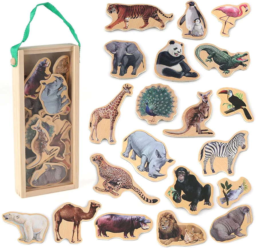 Refrigerator Magnets for Kids Zoo Animals,Fridge Magnets for Toddlers Kids Magnets Toys Toddler Learning Developmental Toys Magnetic Toys for Baby Kids Wooden Animal Magnets