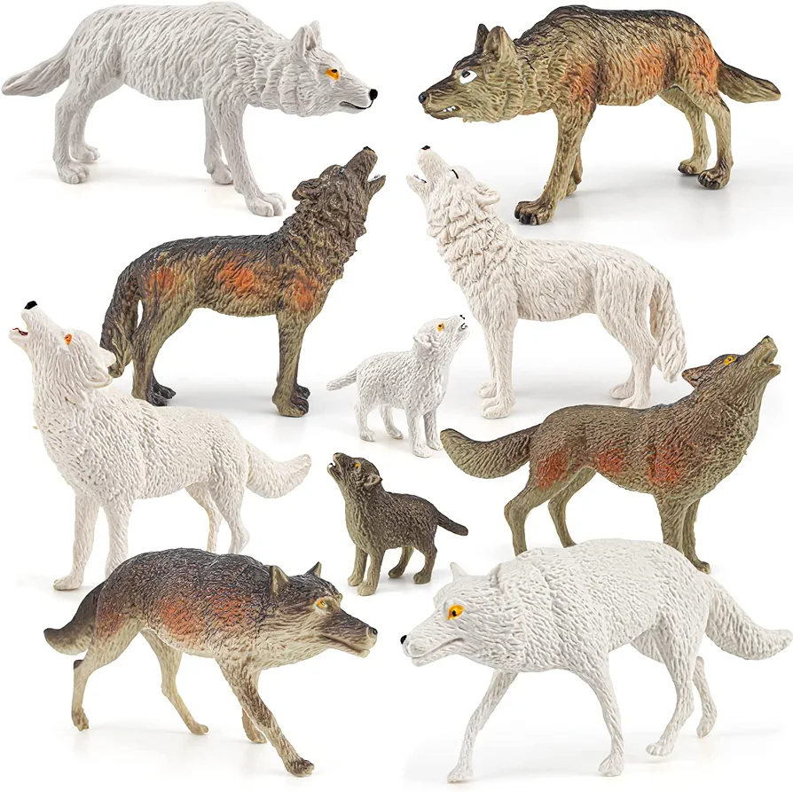 Atralo Service Wolf Figures Wild Life Jungle Zoo Animal Model Playsets 10 PCS Wolf Figurines Party Favors Toys for Boys Girls Kids Toddlers