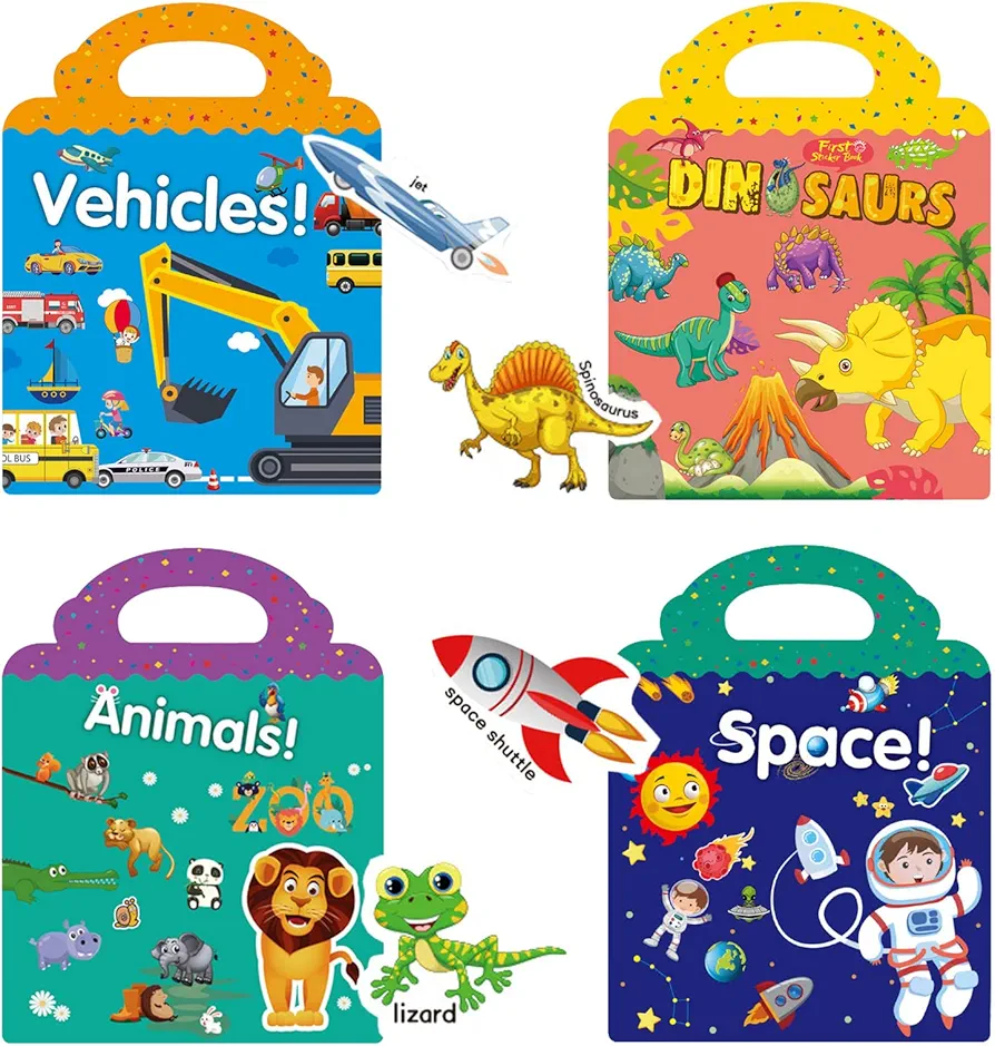 Reusable Stickers Book for Kids, 4 Set Sticker Activity Books for Toddlers, Learning Toys for Toddlers, Birthday Gifts for Boys Girls Travel Toys for Kids (Vehicle+Dinosaur+Space+Animal)