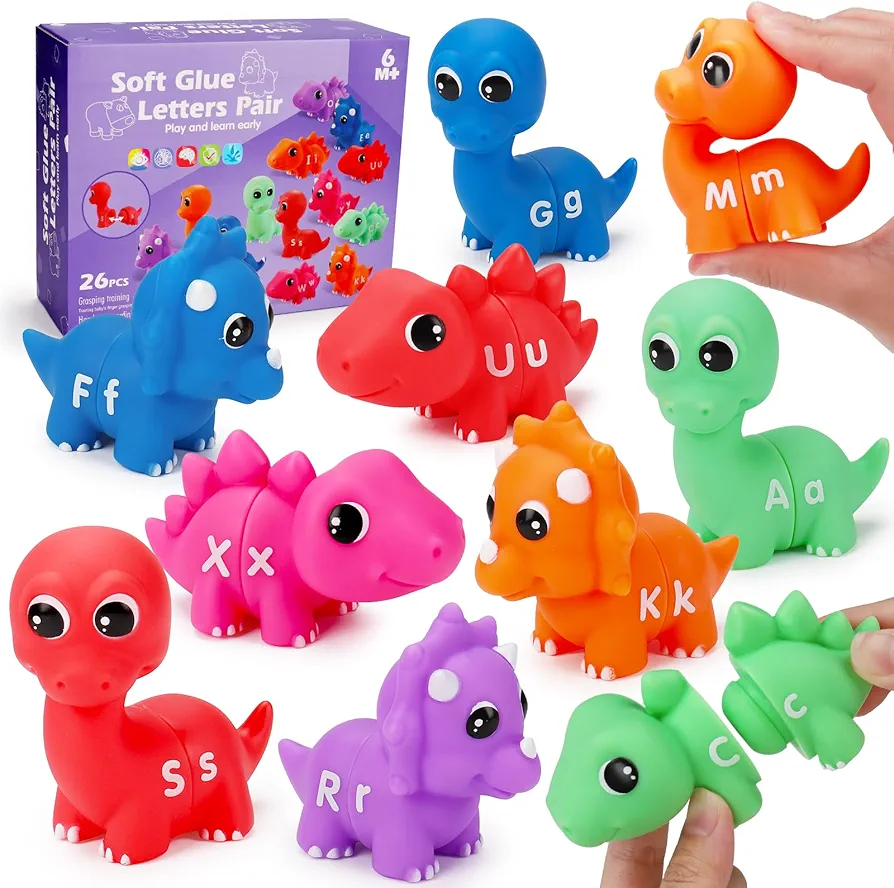 Alphabet Matching Dinosaur Toys 26 Pcs Double-Sided Abc Letter Preschool Learning Games Kindergarten Classroom Must Haves Toddler Educational Fine Motor Toy Age 2 3 4 5 year Old Boys Girls Easter Gift