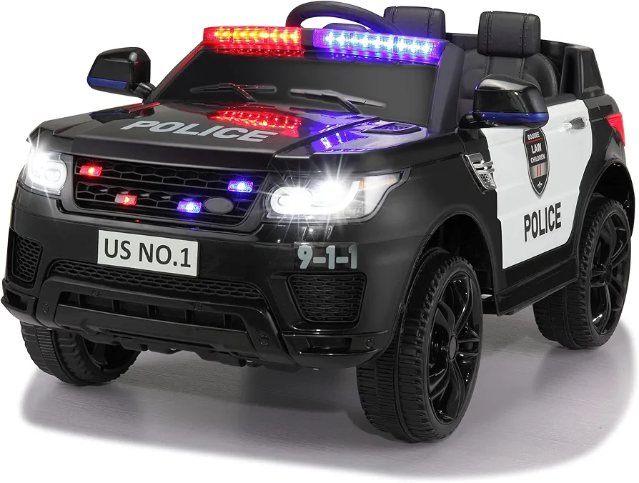 TOBBI Police Car Ride on 12V Electric Car for Kids Battery Powered Ride-on Toys Cop Cars with Remote Control, Siren, Flashing Lights, Music, Blueooth, Spring Suspension, Carbon Black