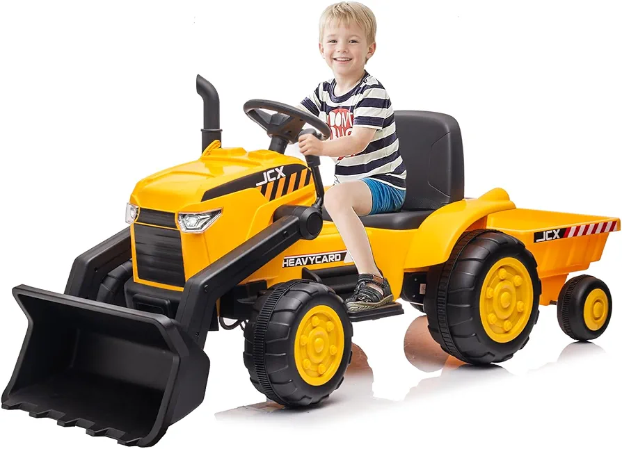 Kids Ride on Bulldozer, 12V Electric Vehicle, Sutible for Kids Aged 3-8 Years, with Trailer Front Loader Bucket, Construction Vehicles for Kids, Remote Control with 3 Speeds (12V no roof, Yellow)