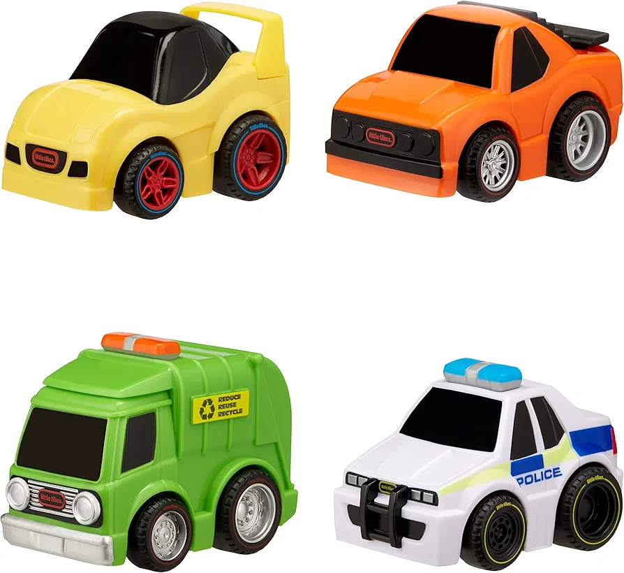 Little Tikes My First Cars Crazy Fast Cars 4-Pack Series 5 – Garbage Truck (Recycle), Race Car (Yellow), Muscle Car (Orange), Police Car (International), Pullback Toy Car Vehicles