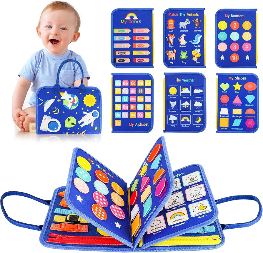 HOMELYLIFE Busy Board for Toddlers Montessori Toys for 2 Years Old Girl Birthday Gift, 7 in 1 Preschool Learning Activities Toddler Travel Toys (B-Spaceman-, 8 Pages)