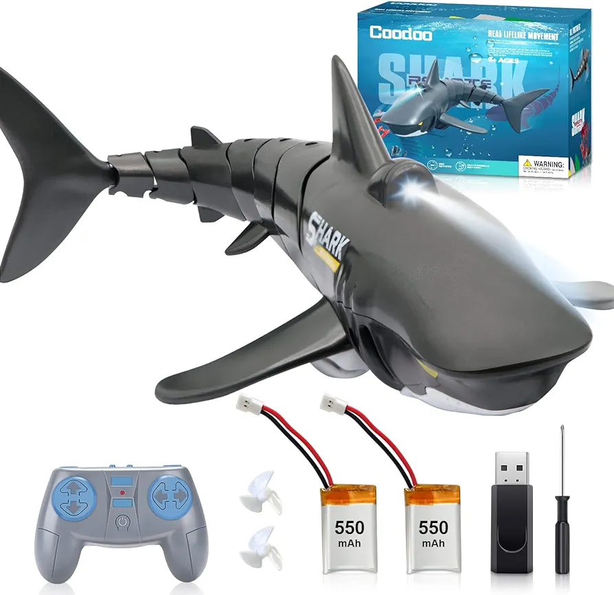 2.4G Remote Control Shark Toy 1:18 Scale High Simulation Shark Shark for Swimming Pool Bathroom Great Gift RC Boat Toys for 6+ Year Old Boys and Girls (with 2 Batteries)