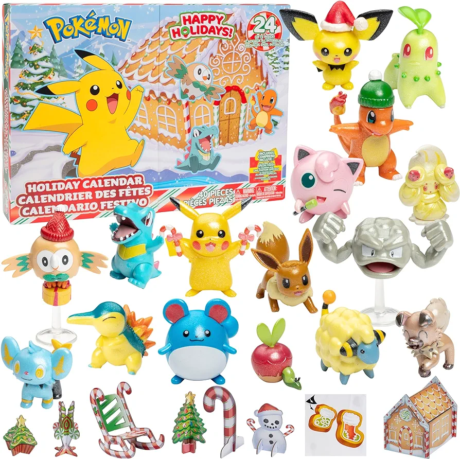 Pokémon 2024 Holiday Advent Calendar Playset for Kids - 24 Piece Christmas Gift Set - Character Figures Include Pikachu, Eevee, Charmander & More! - 16 Pokemon Toys & 8 Accessories - For Boys & Girls 4+