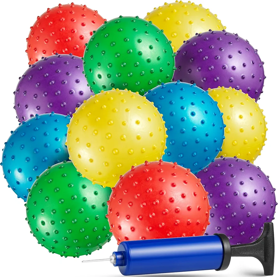 Bedwina Knobby Balls - (Pack of 12) Bulk 5 Inch Sensory Balls and Spiky Massage Stress Balls with Pump, Fun Bouncy Ball Party Favors, Stocking Stuffers for Kids, Toddlers