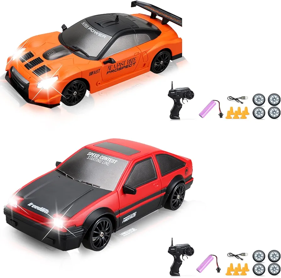 2PCS RC Drift Cars, 1/24 RC Car 2.4GHz 4WD Remote Control Car RC Drift Racing Car High Speed RC Cars with Cool Lights, Rechargeable Battery and Extra Tires Birthday Gifts for Kids