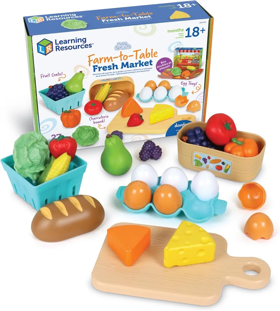 Learning Resources New Sprouts Farm-to-Table Fresh Market, 27 Pieces, Ages 18 Months+, Play Food for Kids Kicthens, Grocery Store Pretend Play, Play Kitchen Accessories