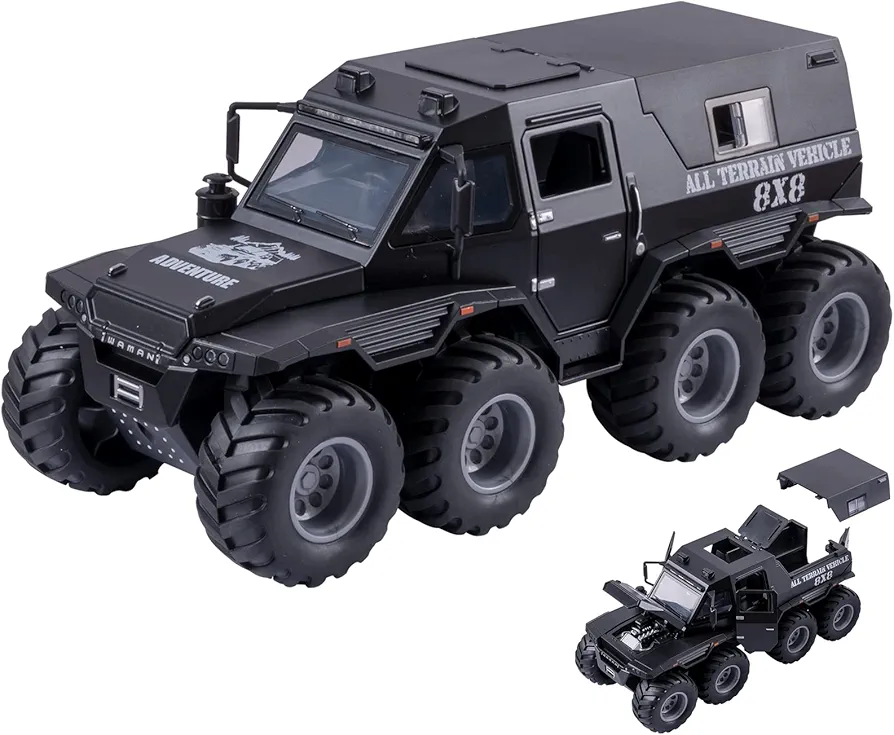 Truck Toy 8x8 Off-Road Refitted Model Adventure SUV Car 1/24 Scale Monster Trucks Pickup DieCast Metal Model Cars with Sound and Light for Kids Age 3 Year and up Black