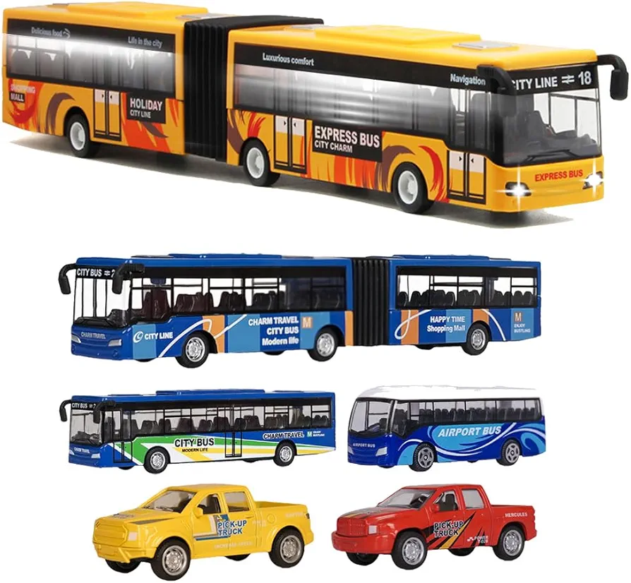 City Bus Die Cast Alloy Pull Back with Sounds and Lights & 5 Pack City Buses Model Mini Cars Play Vehicles Pickup Truck for Boys Kids Toddlers Ages 3+