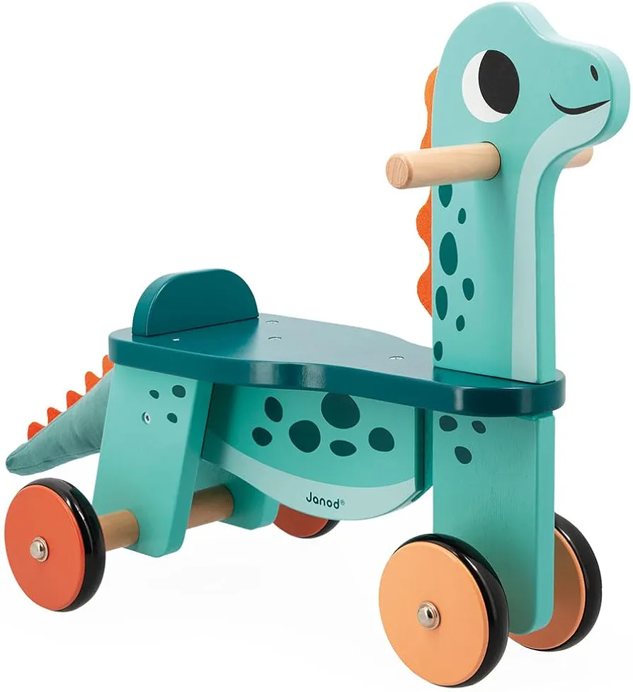 Janod Babies’ Portosaurus Dinosaur Ride-On-21 cm-High Seat-Removable Plush Tail-FSC Wooden Early-Learning Toy-12 Months +, J05828, Multicolored