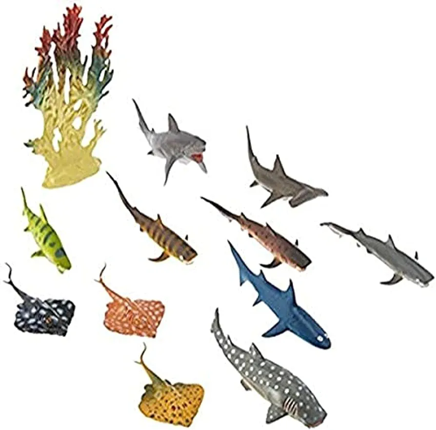 Rhode Island Novelty Shark and Stingray Playset: 12 Piece Toy set in Clip Bag for Play on The GO!