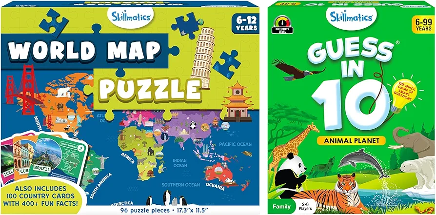 Skillmatics World Map Puzzle & Guess in 10 Animal Planet Puzzle Bundle, Educational Games, Perfect for Kids Who Love Toys, Gifts for Girls and Boys Ages 6 and Up