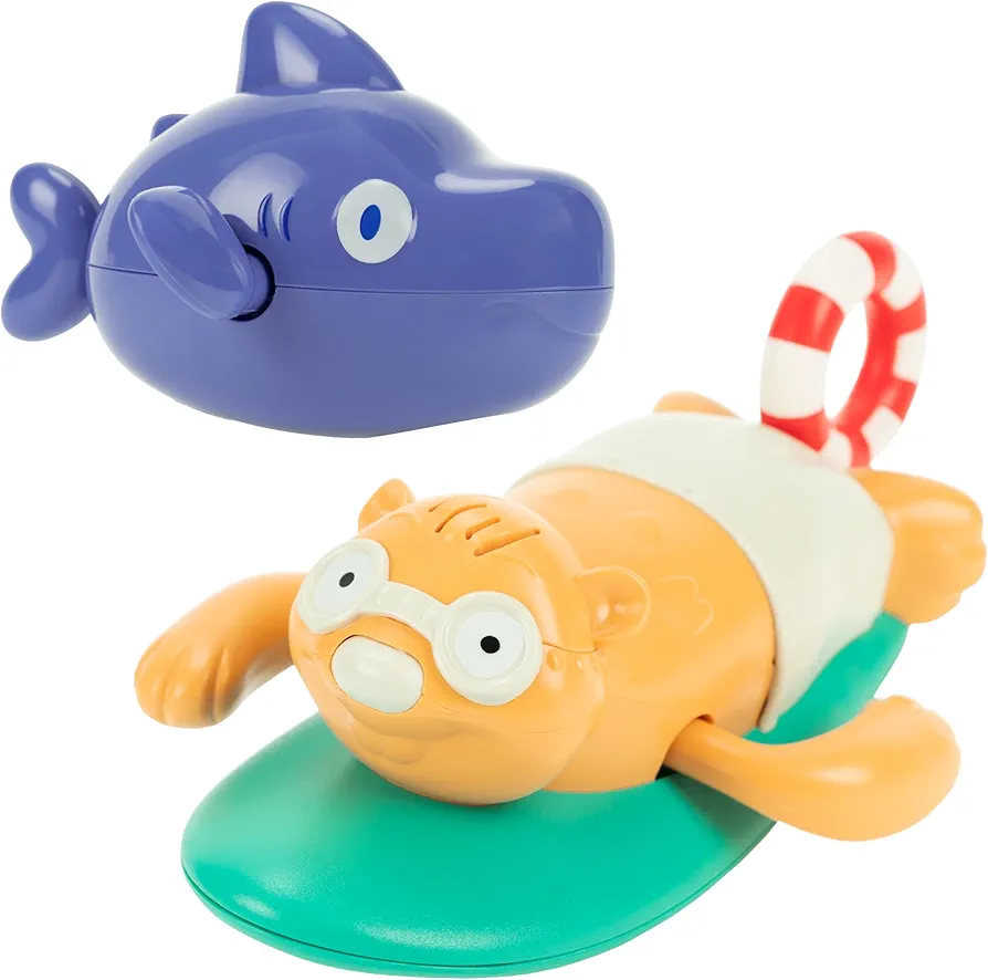 Wind-up Bath Toys Bundle (2 Pack) : Surfing Beaver (Pull-string) & Swimming Shark for Kids